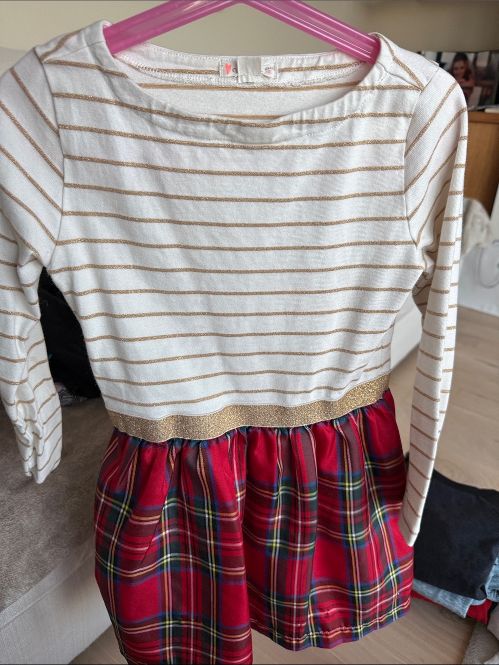 Girls' Sparkle Stripe Top with Red Plaid Skirt